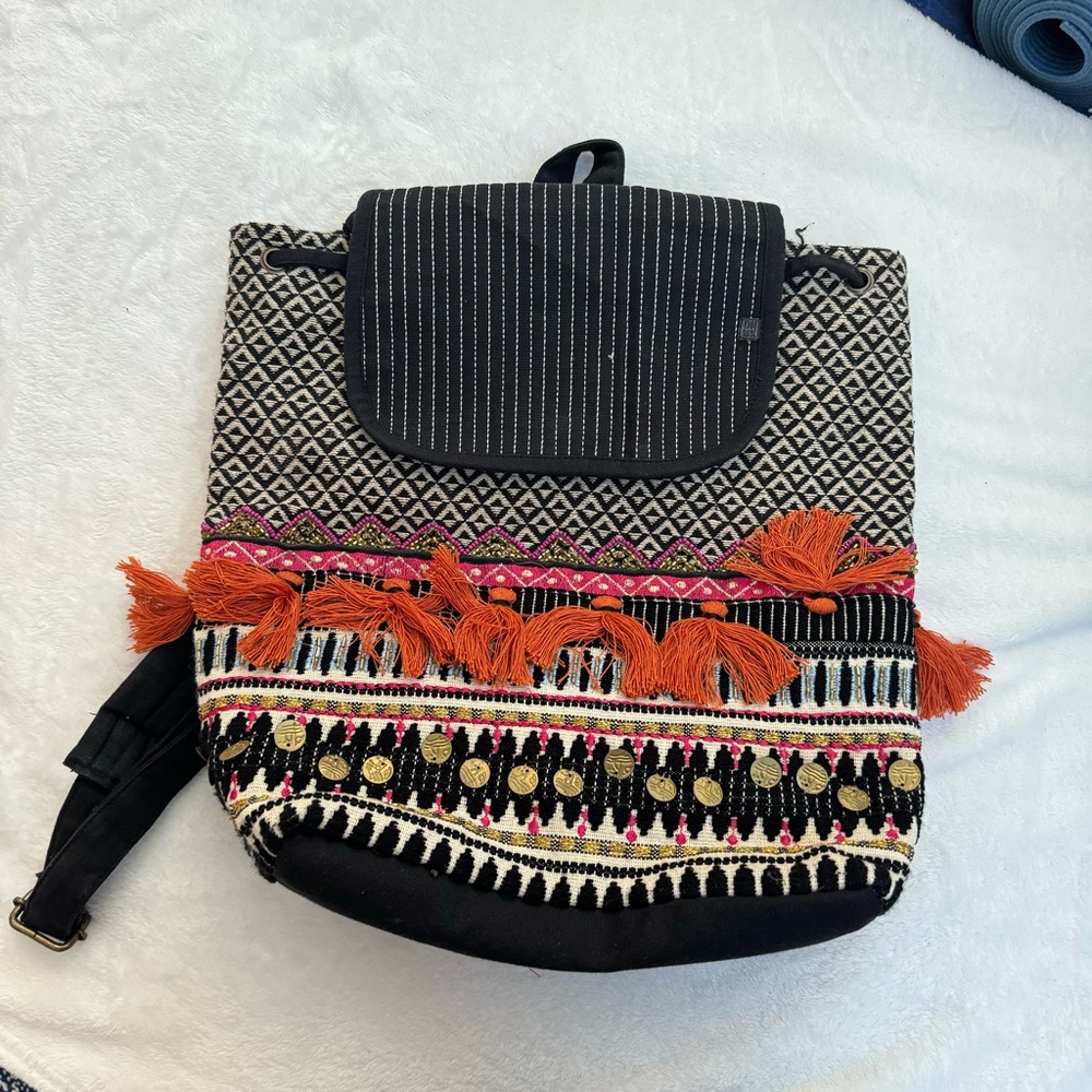 Colorful Black Fabric Backpack with design - From India